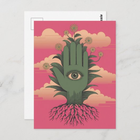 Surrealistische tuinders groene hand met bloemen briefkaart (Voorkant / Achterkant)