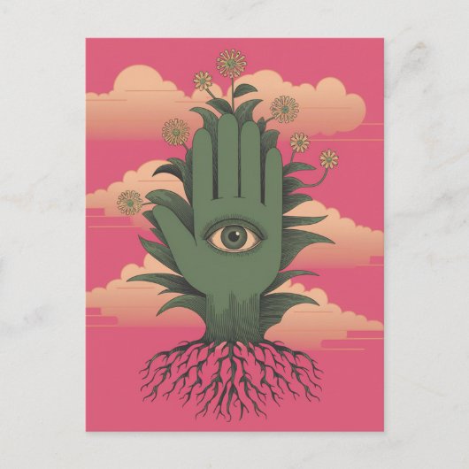Surrealistische tuinders groene hand met bloemen briefkaart (Voorkant)