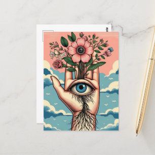 Surrealistische tuinders hand met roze bloemen briefkaart