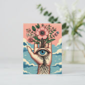 Surrealistische tuinders hand met roze bloemen briefkaart (Staand voorkant)