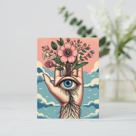 Surrealistische tuinders hand met roze bloemen briefkaart (Staand voorkant)