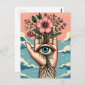 Surrealistische tuinders hand met roze bloemen briefkaart (Voorkant / Achterkant)