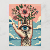 Surrealistische tuinders hand met roze bloemen briefkaart (Voorkant)