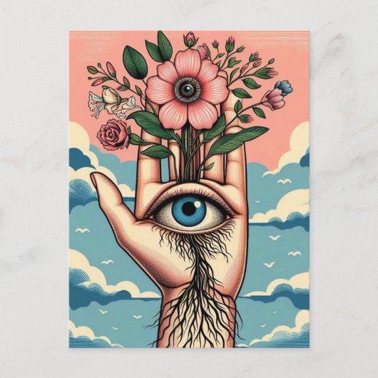 Surrealistische tuinders hand met roze bloemen briefkaart (Voorkant)