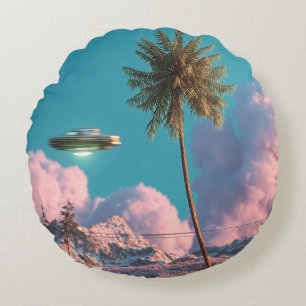 Surrealistische UFO- en palmbomen berglandschap sc Rond Kussen