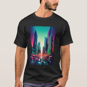 Surrealistische vaporwave-stad met een digitale zo t-shirt