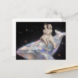 SURREALISTISCHE VINTAGE VROUW RIJDT OP WALVIS BRIEFKAART
