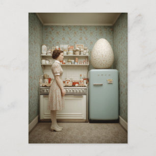 Surrealistische vintagekeuken met enorm ei briefkaart