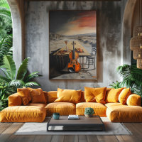 Surrealistische viool en zandloper op verlaten taf