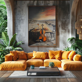 Surrealistische viool en zandloper op verlaten taf poster