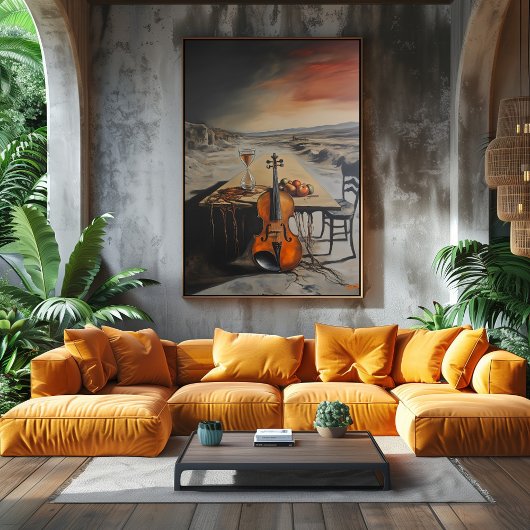 Surrealistische viool en zandloper op verlaten taf poster