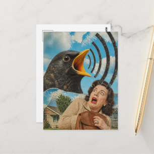 Surrealistische vogel schreeuwt tegen vrouw collag briefkaart