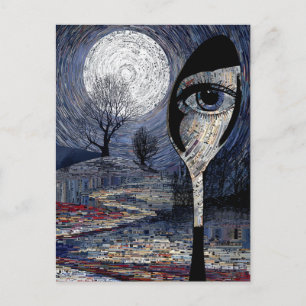 Surrealistische Volle Maan en Lepel Collage Briefkaart