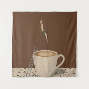 Surrealistische vrouw duikt in koffiekopje wandkleed