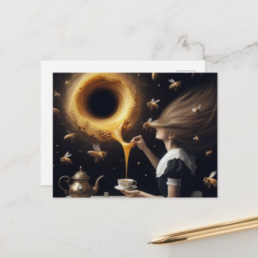 Surrealistische Vrouw en Bijen Ochtend Thee en Hon Briefkaart (Voorkant / Achterkant in situ)