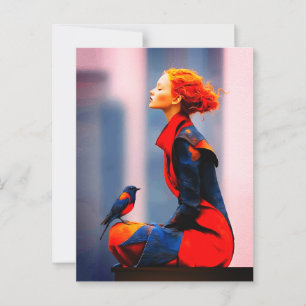 Surrealistische vrouw en vogel Elegant rood haar F Briefkaart