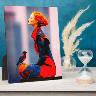 Surrealistische vrouw en vogel Elegant rood haar F Fotoplaat