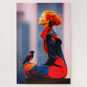 Surrealistische vrouw en vogel Elegant rood haar F Legpuzzel
