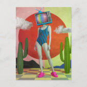 Surrealistische vrouw in badpak met tv op haar hoo briefkaart (Voorkant)