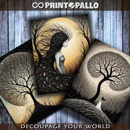 Surrealistische vrouw in verband met bomen inpakpapier vel