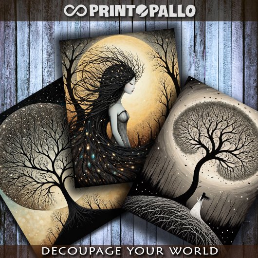 Surrealistische vrouw in verband met bomen inpakpapier vel