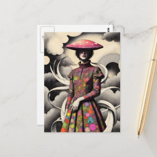 Surrealistische vrouw met een paddenstoelenhoed briefkaart