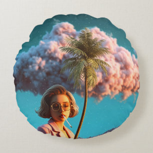 Surrealistische vrouw met palmboom rond kussen