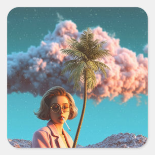 Surrealistische vrouw met palmboom vierkante sticker