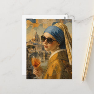 Surrealistische vrouw met pareloorloge gaat op vak briefkaart