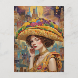 Surrealistische vrouw met reuzen taco hoed briefkaart