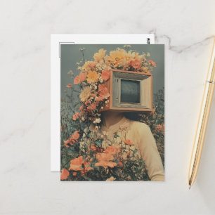 Surrealistische vrouw met tv-hoofd en bloemen briefkaart