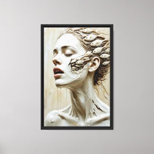 Surrealistische vrouw met vis en gebeeldhouwd canvas afdruk