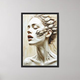 Surrealistische vrouw met vis en gebeeldhouwd canvas afdruk