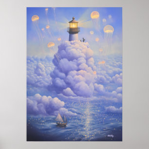 Surrealistische vuurtoren in de wolken en kwal poster