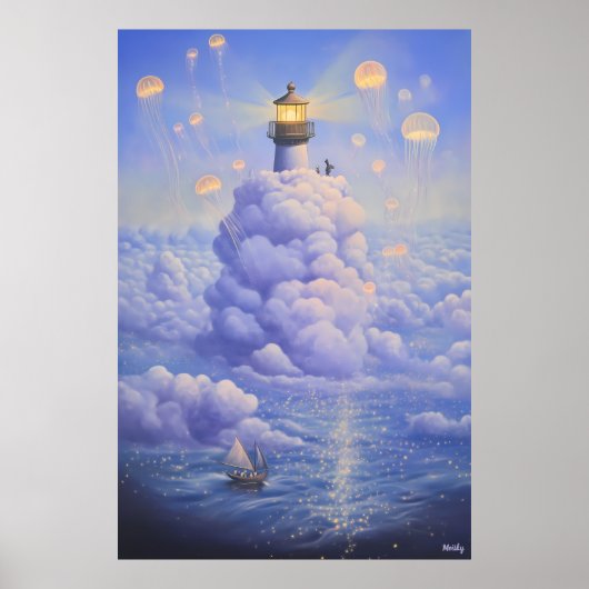 Surrealistische vuurtoren in de wolken en kwallen poster (Voorkant)