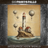 Surrealistische vuurtoren met luchtballonnen op pe tissuepapier