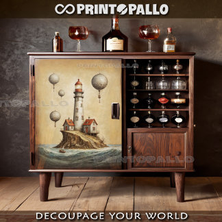 Surrealistische vuurtoren met luchtballonnen op pe tissuepapier