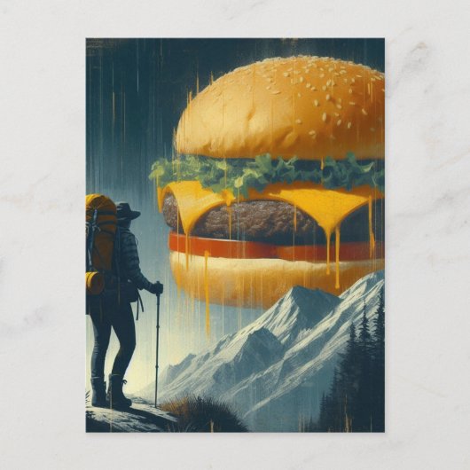 Surrealistische wandelaar Giant Cheeseburger over Briefkaart (Voorkant)