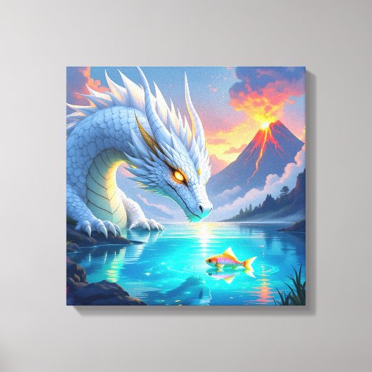 Surrealistische witte draak en gouden vis canvas afdruk (Voorkant)