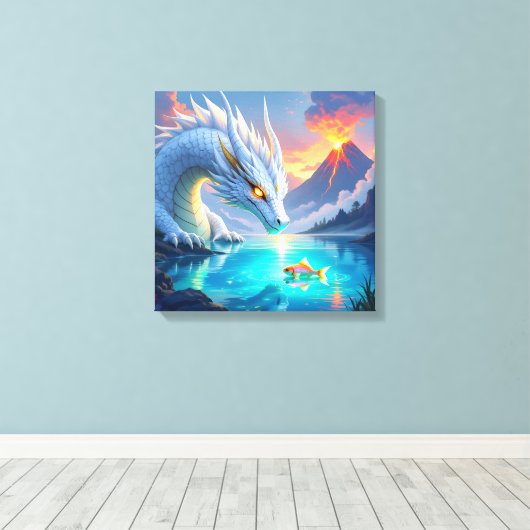 Surrealistische witte draak en gouden vis canvas afdruk (Insitu (Houten vloer))