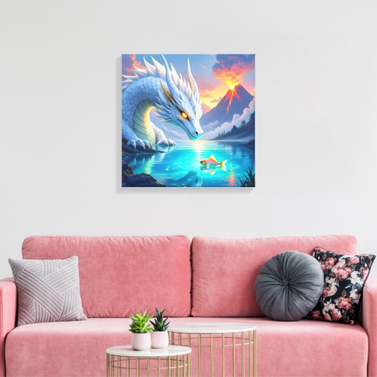Surrealistische witte draak en gouden vis canvas afdruk (Insitu (Woonkamer))