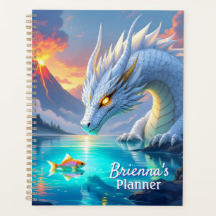 Surrealistische witte draak en gouden vis geperson planner