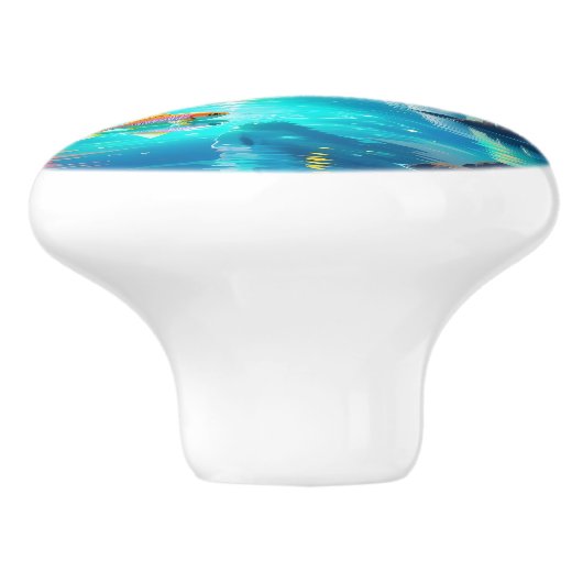 Surrealistische witte draak en gouden vis keramische knop (Zijkant)