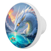 Surrealistische witte draak en gouden vis keramische knop (Rechts)