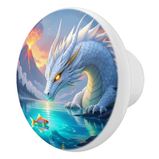 Surrealistische witte draak en gouden vis keramische knop (Rechts)