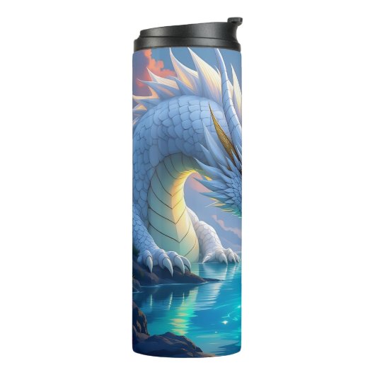 Surrealistische witte draak en gouden vis thermosbeker (Gedraaid links)