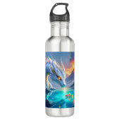 Surrealistische witte draak en gouden vis waterfles (Voorkant)