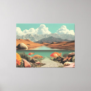 Surrealistische woestijn en meer met goudvissen canvas afdruk