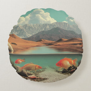 Surrealistische woestijn en meer met goudvissen rond kussen