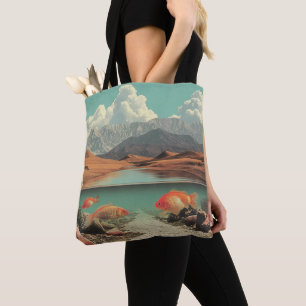 Surrealistische woestijn en meer met goudvissen tote bag